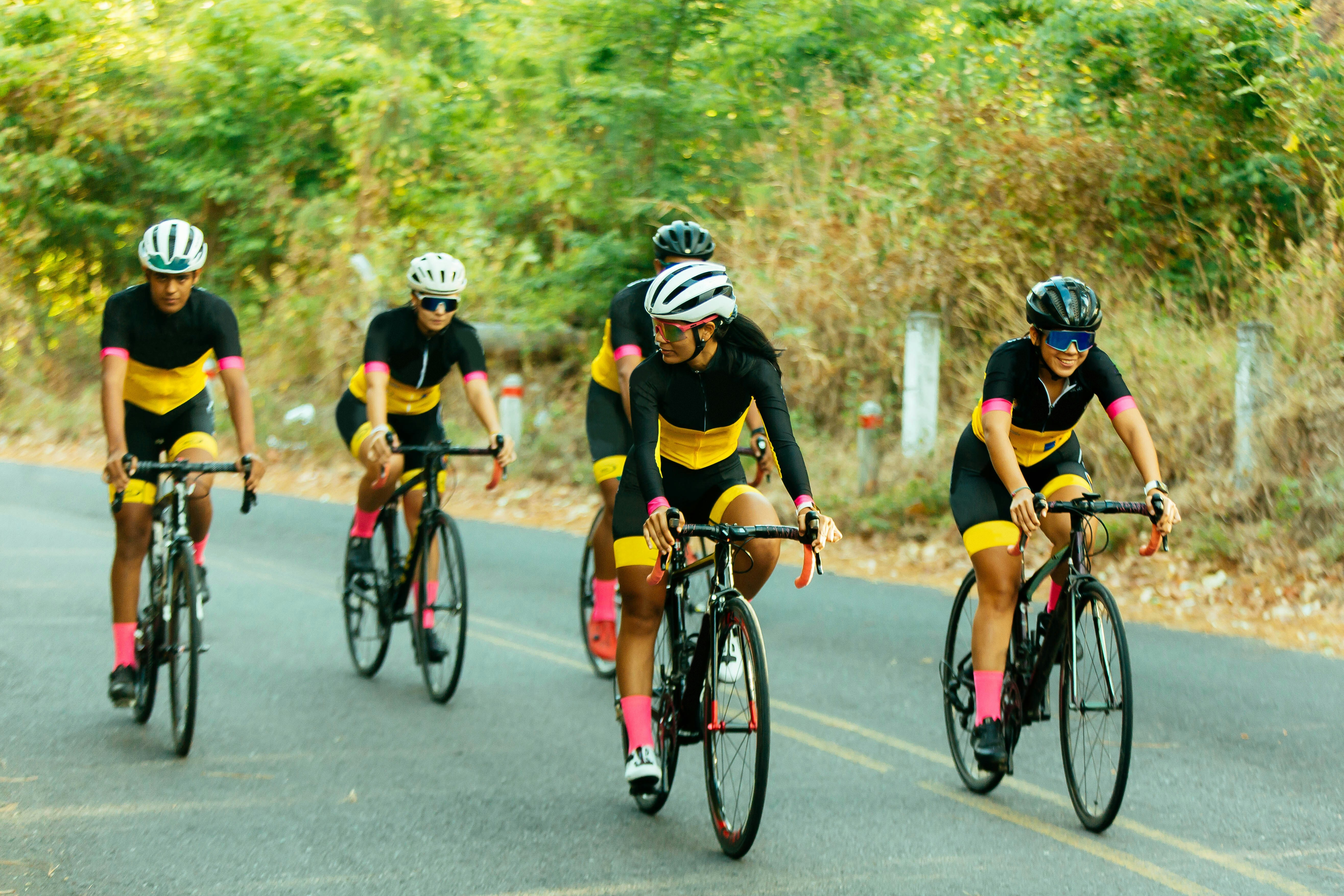 Cycling team in matching uniforms