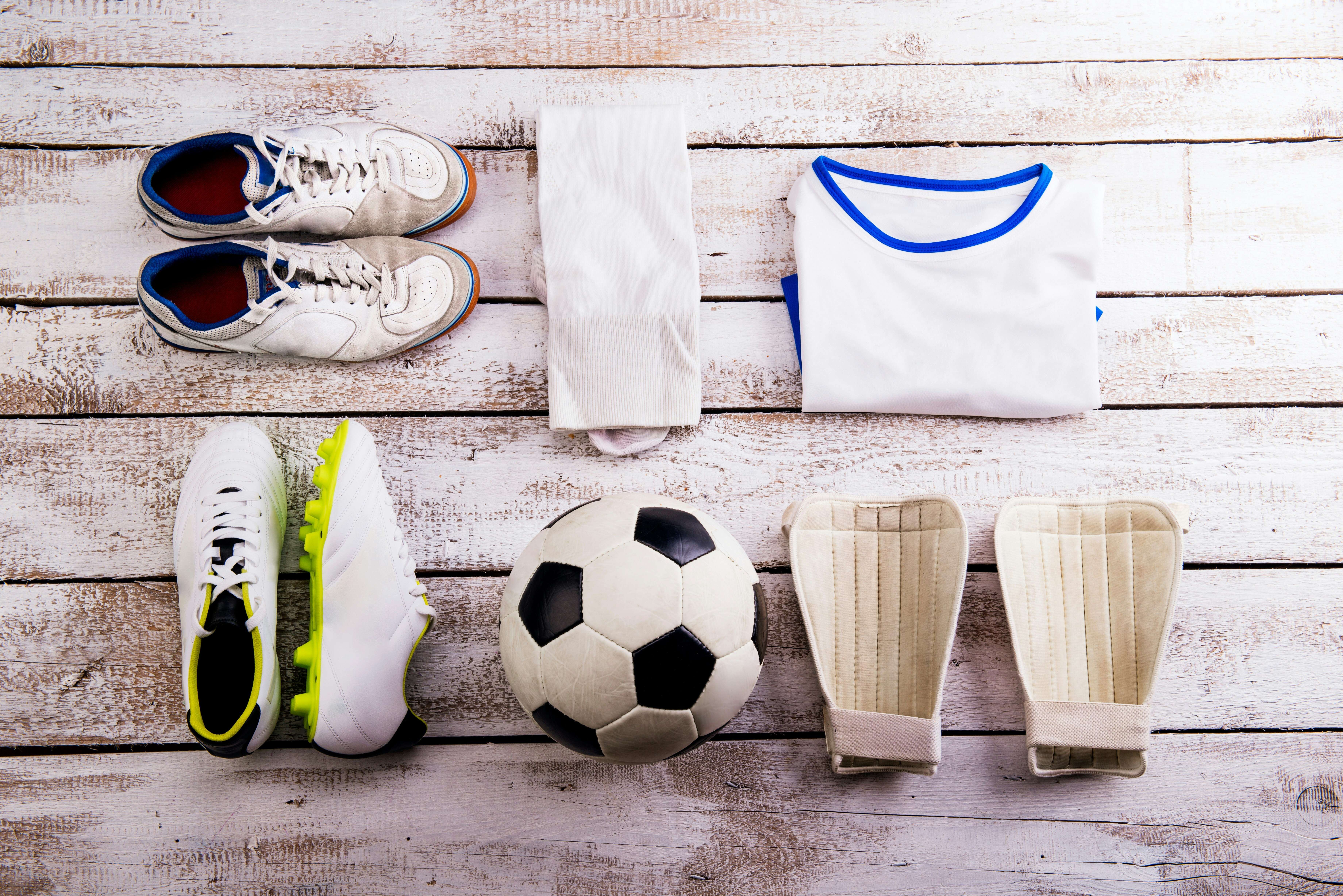 Soccer equipment including ball, cleats and shin guards