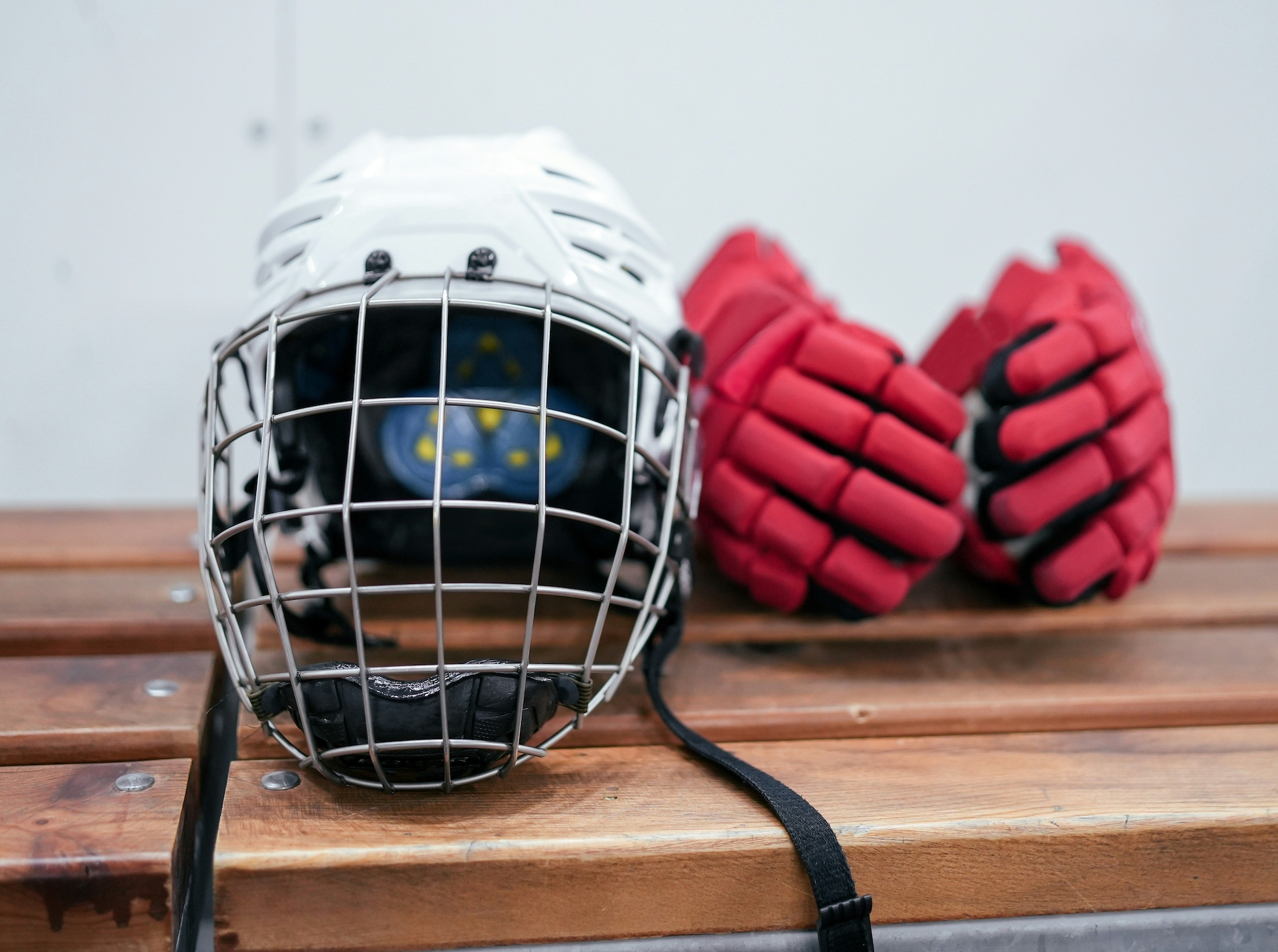 Ice hockey helmet and gloves